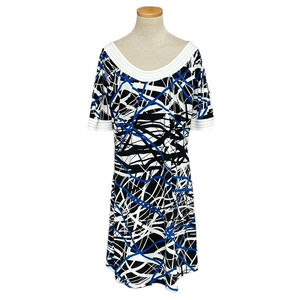 Anne Klein Dress Womens Large Blue Line Pattern Short Sleeve A-Line Midi